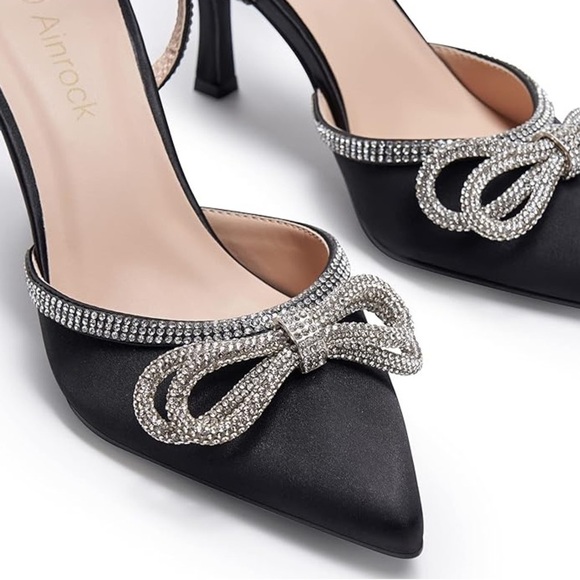 Nwob Rhinestone Bow Pointy Toe Satin Heels Black Silver Size 10 - Picture 16 of 16